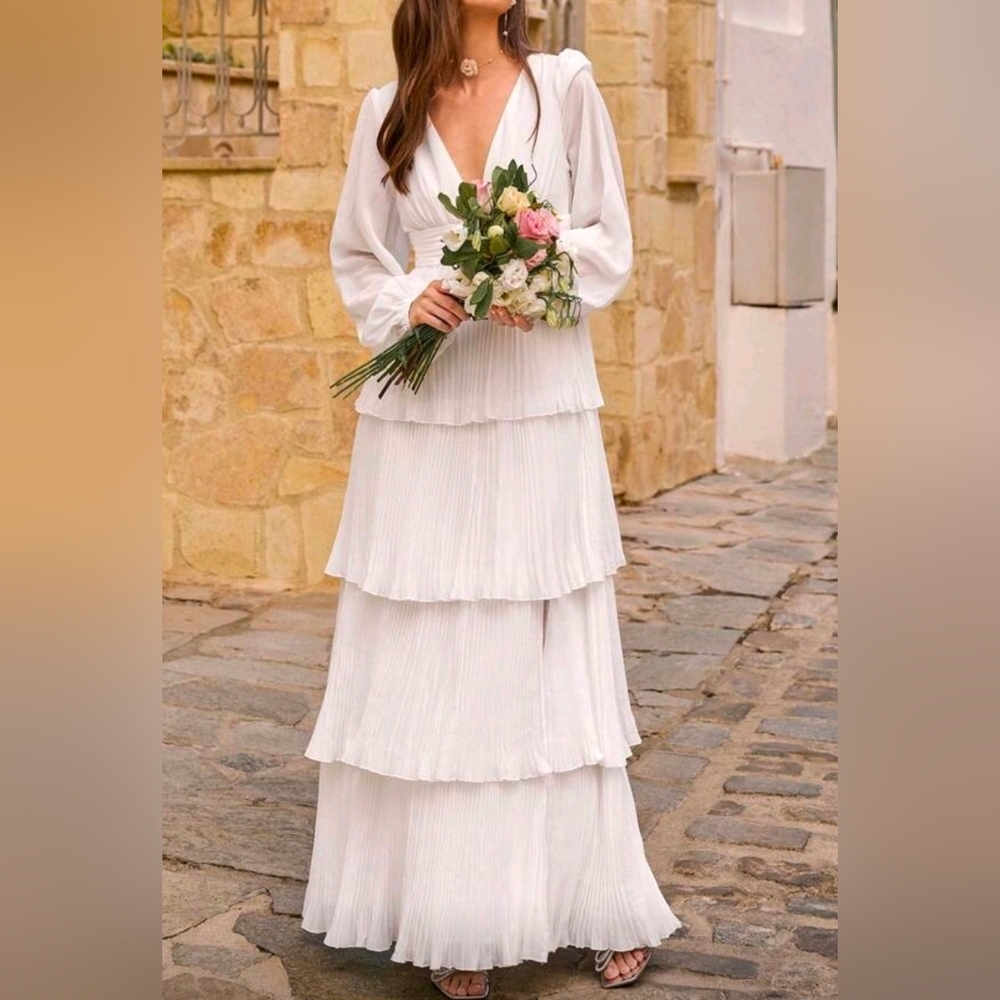 New Flowy Pleated Tiered Maxi Dress Bishop Long Sleeve White - Picture 4 of 11
